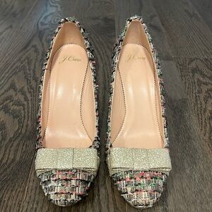 EUC J.Crew tweed heels with glitter bow